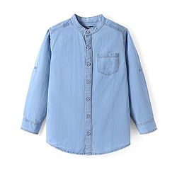 Pine Kids Woven Full Sleeves Washed Mandarin Collar Denim Shirt - Navy Blue