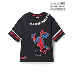 Pine Kids Marvel Terry Knit Half Drop Shoulder Sleeves Over Size Fit T-Shirt with Spider Man Graphic - Black