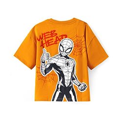 Pine Kids Disney Terry Knit Half Drop Shoulder Sleeves T-Shirt with Spiderman Graphics & Badge Detailing - Orange