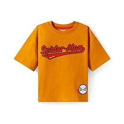 Pine Kids Disney Terry Knit Half Drop Shoulder Sleeves T-Shirt with Spiderman Graphics & Badge Detailing - Orange