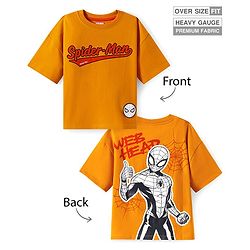Pine Kids Disney Terry Knit Half Drop Shoulder Sleeves T-Shirt with Spiderman Graphics & Badge Detailing - Orange