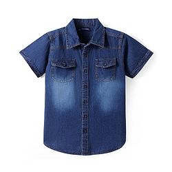 Pine Kids Denim Woven Half Sleeves Washed Shirt - Navy Blue