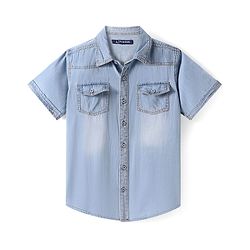 Pine Kids Denim Woven Half Sleeves Washed Shirt - Navy Blue