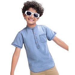 Pine Kids Denim Woven Half Sleeves Mandarin Collar Washed Shirt - Light Blue