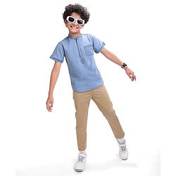 Pine Kids Denim Woven Half Sleeves Mandarin Collar Washed Shirt - Light Blue