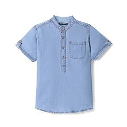 Pine Kids Denim Woven Half Sleeves Mandarin Collar Washed Shirt - Light Blue