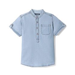 Pine Kids Denim Woven Half Sleeves Mandarin Collar Washed Shirt - Light Blue