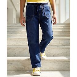 Pine Kids Full Length Solid Color Denim Jeans with Ribbed Waist - Blue