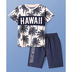 Pine Kids Cotton Knit Half Sleeves T-Shirt & Shorts Set With Hawaii Print - White & Navy Blue