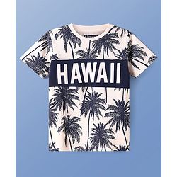Pine Kids Cotton Knit Half Sleeves T-Shirt & Shorts Set With Hawaii Print - White & Navy Blue