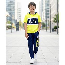 Pine Kids Cotton Knit Half Sleeves Hooded T-Shirt & Lounge Pant with Text Print - Navy Blue & Yellow