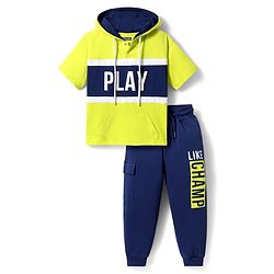 Pine Kids Cotton Knit Half Sleeves Hooded T-Shirt & Lounge Pant with Text Print - Navy Blue & Yellow