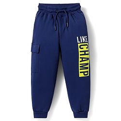 Pine Kids Cotton Knit Half Sleeves Hooded T-Shirt & Lounge Pant with Text Print - Navy Blue & Yellow