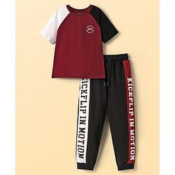 Pine Kids Cotton Knit Half Raglan Sleeves T-Shirt & Trouser with Click Flip In Motion Text Print - Black & Maroon