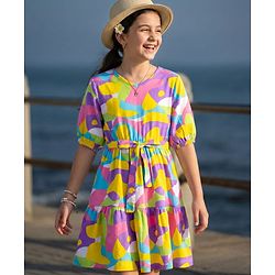 Pine Kids Cotton Knit Half Puffed Sleeves Frock with Abstract Print - White