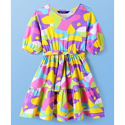 Pine Kids Cotton Knit Half Puffed Sleeves Frock with Abstract Print - White