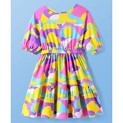 Pine Kids Cotton Knit Half Puffed Sleeves Frock with Abstract Print - White