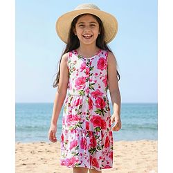 Pine Kids Cotton Knit Sleeveless A-Line Frock with Floral Print - Dark Pink