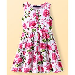 Pine Kids Cotton Knit Sleeveless A-Line Frock with Floral Print - Dark Pink