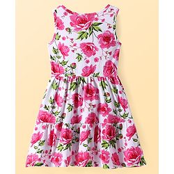 Pine Kids Cotton Knit Sleeveless A-Line Frock with Floral Print - Dark Pink