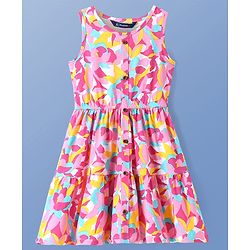 Pine Kids Cotton Knit Sleeveless A-Line Frock with Abstract Print - Dark Pink & Yellow