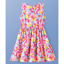 Pine Kids Cotton Knit Sleeveless A-Line Frock with Abstract Print - Dark Pink & Yellow