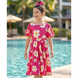 Pine Kids Cotton Knit Half Puffed Sleeves Tiered Frock With Floral Print - Fuchsia
