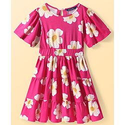 Pine Kids Cotton Knit Half Puffed Sleeves Tiered Frock With Floral Print - Fuchsia