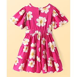 Pine Kids Cotton Knit Half Puffed Sleeves Tiered Frock With Floral Print - Fuchsia