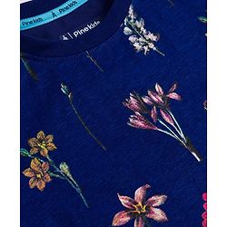 Pine Kids Cotton Knit Half Sleeves T-Shirt with Floral Print - Navy Blue