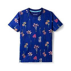 Pine Kids Cotton Knit Half Sleeves T-Shirt with Floral Print - Navy Blue