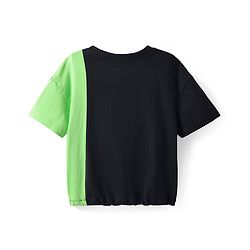 Pine Kids Cotton Knit Half Drop Shoulder Sleeves Text Printed T-Shirt with Cut & Sew Design - Black