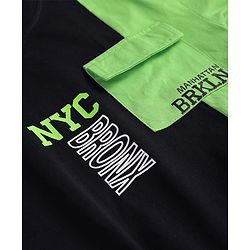 Pine Kids Cotton Knit Half Drop Shoulder Sleeves Text Printed T-Shirt with Cut & Sew Design - Black
