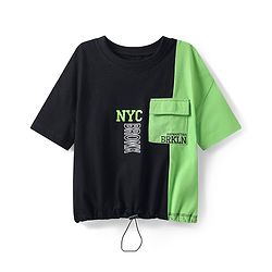 Pine Kids Cotton Knit Half Drop Shoulder Sleeves Text Printed T-Shirt with Cut & Sew Design - Black