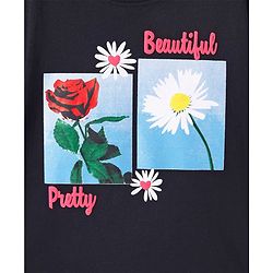Pine Kids Cotton Knit Half Drop Shoulder T-Shirt with Floral Print - Black