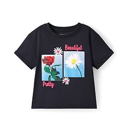 Pine Kids Cotton Knit Half Drop Shoulder T-Shirt with Floral Print - Black
