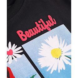 Pine Kids Cotton Knit Half Drop Shoulder T-Shirt with Floral Print - Black