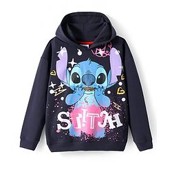 Pine Kids Disney Terry Knit Full Sleeves Oversized Hooded Sweatshirt with Front & Back Stitch Graphics  - Black