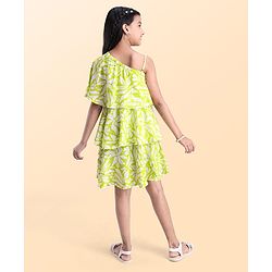 Pine Kids Cotton Woven Cold Shoulder Sleeves Floral Printed Layered Frock - Light Green