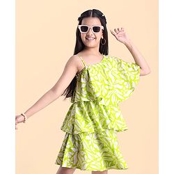 Pine Kids Cotton Woven Cold Shoulder Sleeves Floral Printed Layered Frock - Light Green
