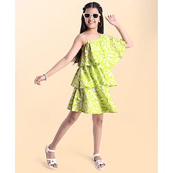 Pine Kids Cotton Woven Cold Shoulder Sleeves Floral Printed Layered Frock - Light Green