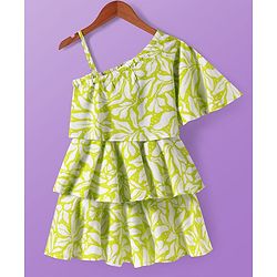 Pine Kids Cotton Woven Cold Shoulder Sleeves Floral Printed Layered Frock - Light Green
