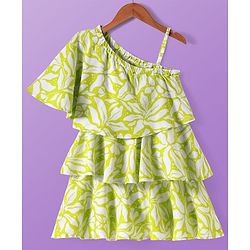 Pine Kids Cotton Woven Cold Shoulder Sleeves Floral Printed Layered Frock - Light Green