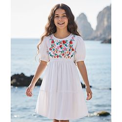Pine Kids Cotton Woven Half Puffed Sleeves Tiered Frock with Floral Embroidery - White