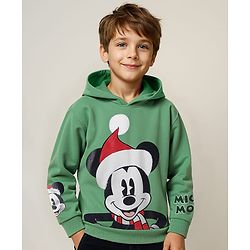 Pine Kids Disney Knit Full Sleeves Drop Shoulder Oversized Hooded Sweatshirt with Mickey Mouse Graphics - Mint Green