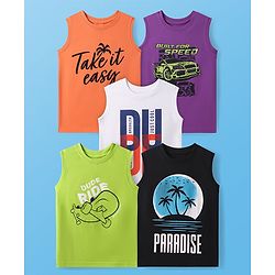 Pine Kids Cotton Knit Sleeveless Tank T-Shirts with Beach Theme & Take it Easy Text Print Pack of 5 - Black Purple & Orange