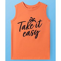 Pine Kids Cotton Knit Sleeveless Tank T-Shirts with Beach Theme & Take it Easy Text Print Pack of 5 - Black Purple & Orange