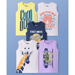 Pine Kids Cotton Knit Sleeveless Tank T-Shirts with Cool Dude Text Print Pack Of 5 - White Navy Blue & Lilac