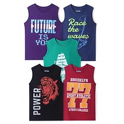 Pine Kids Cotton Knit Sleeveless Tank T-Shirts with Sport Theme & Future is You Print Pack of 5 - Black Purple & Navy Blue