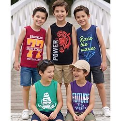Pine Kids Cotton Knit Sleeveless Tank T-Shirts with Sport Theme & Future is You Print Pack of 5 - Black Purple & Navy Blue